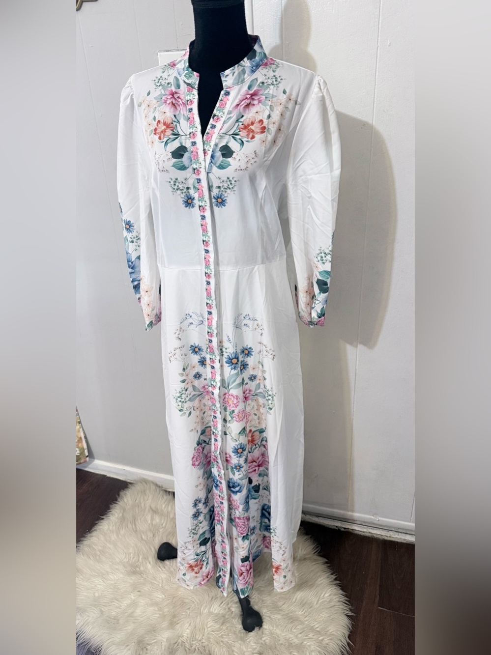 Floral-Embroidered White Maxi Dress with Pink & Blue Accents - Picture 10 of 14